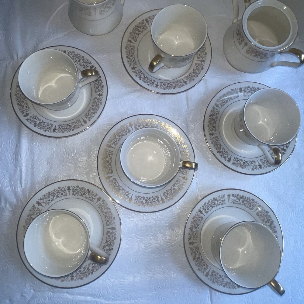 6 Royal Castle Legacy Cup And Saucer Gold Floral Scroll Ivory China Victorian